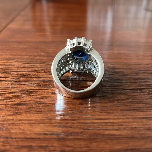 White Gold Plated Blue Sapphire Diamond Crown Simulated Ring - Picture 5 of 14